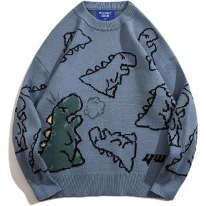 imageAelfric Eden Dinosaur Cartoon Pattern Knit Sweater Oversized Graphic Sweaters Long Sleeve Casual Unisex PulloverBlue