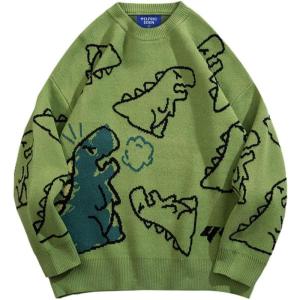 imageAelfric Eden Dinosaur Cartoon Pattern Knit Sweater Oversized Graphic Sweaters Long Sleeve Casual Unisex PulloverGreen