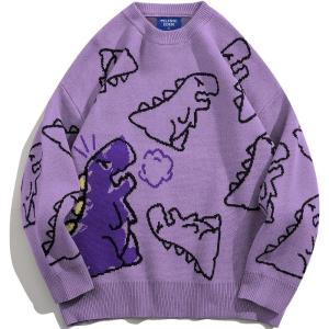 imageAelfric Eden Dinosaur Cartoon Pattern Knit Sweater Oversized Graphic Sweaters Long Sleeve Casual Unisex PulloverPurple