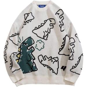 imageAelfric Eden Dinosaur Cartoon Pattern Knit Sweater Oversized Graphic Sweaters Long Sleeve Casual Unisex PulloverWhite