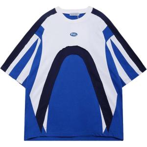 imageAelfric Eden Graphic Tees Y2k Mens Oversized T Shirt Color Block Racing Streetwear Shirts Unisex Casual Summer TopsBlue