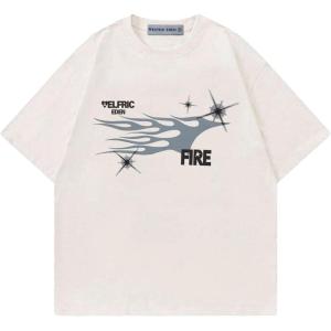 imageAelfric Eden Mens Graphic Tees Y2k Flame Star Print Oversized T Shirts Vintage Streetwear Shirt Casual TopsBeige