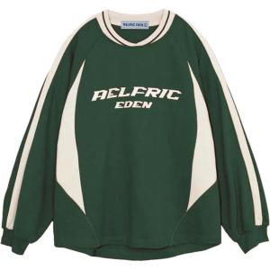 imageAelfric Eden Oversized Crewneck Sweatshirts for Men Red Vintage Graphic Pullover Loose Fit Streetwear Long Sleeve TopApatchwork  Green