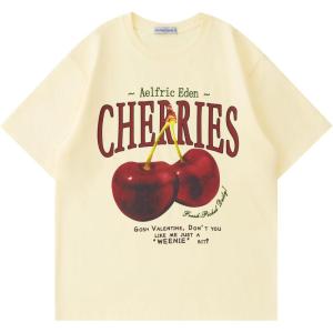 imageAelfric Eden Oversized Graphic Tees Unisex Cherries Print T Shirts Casual Summer Short Sleeve Top Cotton Cute Tee ShirtApricot