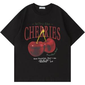 imageAelfric Eden Oversized Graphic Tees Unisex Cherries Print T Shirts Casual Summer Short Sleeve Top Cotton Cute Tee ShirtBlack
