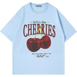 imageAelfric Eden Oversized Graphic Tees Unisex Cherries Print T Shirts Casual Summer Short Sleeve Top Cotton Cute Tee ShirtBlue