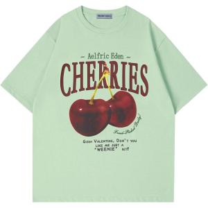 imageAelfric Eden Oversized Graphic Tees Unisex Cherries Print T Shirts Casual Summer Short Sleeve Top Cotton Cute Tee ShirtGreen