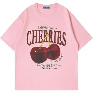 imageAelfric Eden Oversized Graphic Tees Unisex Cherries Print T Shirts Casual Summer Short Sleeve Top Cotton Cute Tee ShirtPink