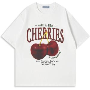 imageAelfric Eden Oversized Graphic Tees Unisex Cherries Print T Shirts Casual Summer Short Sleeve Top Cotton Cute Tee ShirtWhite