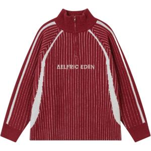 imageAelfric Eden Vintage Striped Quarter Zip Sweaters Knit Long Sleeve Drop Shoulder Pullover Sweater Y2K Fall OutfitsRed
