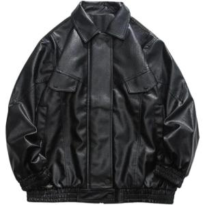 imageAelfric Eden Womens Oversized Leather Jackets Mens Faux Leather Bomber Jacket 90s Vintage Biker Racing Moto JacketsBlack