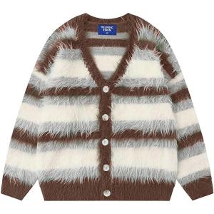 imageAelfric Eden Color Blocking Striped Fuzzy Cardigan Crewneck Vintage Oversized Button Down Knit Cardigans Sweater TopsBrown