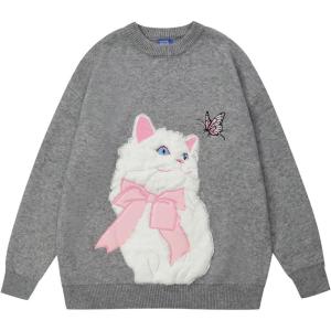 imageAelfric Eden Crewneck Sweater Cat Applique Embroidery Sweater Vintage Oversized SweaterH12gray
