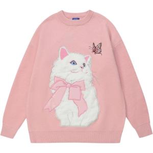imageAelfric Eden Crewneck Sweater Cat Applique Embroidery Sweater Vintage Oversized SweaterH12pink