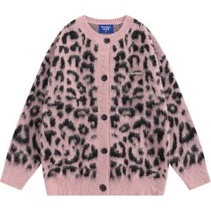 imageAelfric Eden Leopard Print Cardigan Sweaters for Women Cheetah Y2k Crewneck Button Down Knit Cardigans Long Sleeve SweaterPink