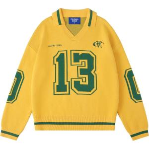 imageAelfric Eden Number Graphic Polo Sweater Oversized V Neck Knit Sweater Y2k Long Sleeve Pullover Vintage Sweaters TopsYellow