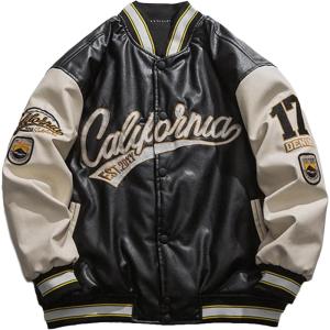 imageAelfric Eden Mens PU Jacket Oversized Varsity Jacket Zipper Closure Casual Patchwork Lamb Collar Winter CoatsE1black