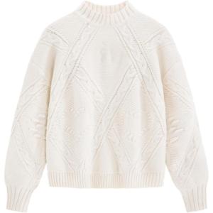 imageAelfric Eden Womens Oversized Cable Knit Fall Sweater Mock Neck Long Sleeve Knit Pullover Sweater Tops 2025White