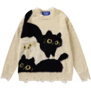 imageAelfric Eden Womens Pullover Sweater Color Blocking Cat Graphic Sweater Casual Soft Warm Fall Winter Knitted TopsApricot