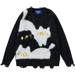 imageAelfric Eden Womens Pullover Sweater Color Blocking Cat Graphic Sweater Casual Soft Warm Fall Winter Knitted TopsBlack