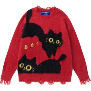 imageAelfric Eden Womens Pullover Sweater Color Blocking Cat Graphic Sweater Casual Soft Warm Fall Winter Knitted TopsRed
