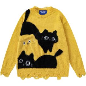 imageAelfric Eden Womens Pullover Sweater Color Blocking Cat Graphic Sweater Casual Soft Warm Fall Winter Knitted TopsYellow
