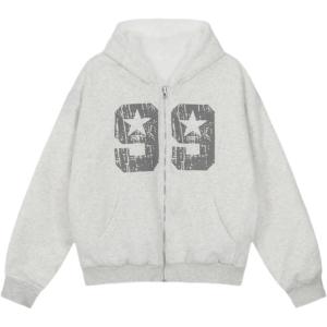 imageAelfric Eden Zip Up Hoodie Women Number Print Graphic Oversized Hoodies Y2K Winter Fleece Lined Jacket CoatGrey