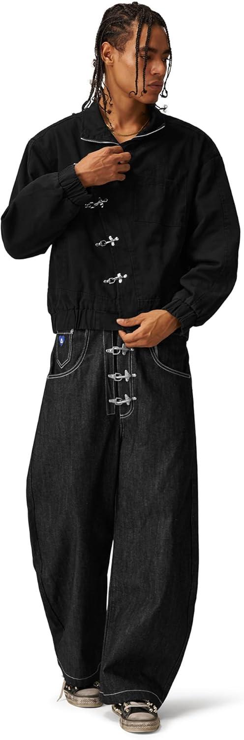 imageAelfric Eden Mens Jackets Metal Button Boxy Jacket Vintage Casual Collared Streetwear Slant Placket Soft Warm CoatsBlack