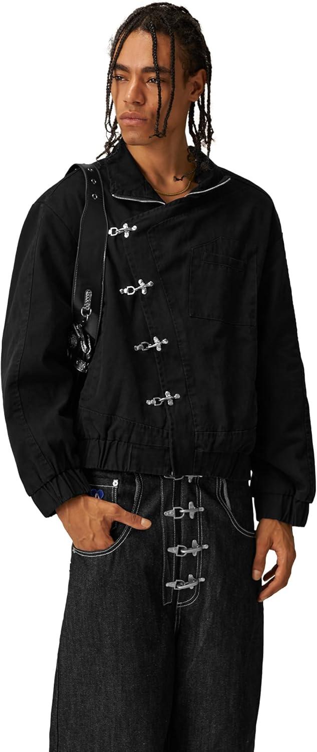 imageAelfric Eden Mens Jackets Metal Button Boxy Jacket Vintage Casual Collared Streetwear Slant Placket Soft Warm CoatsBlack