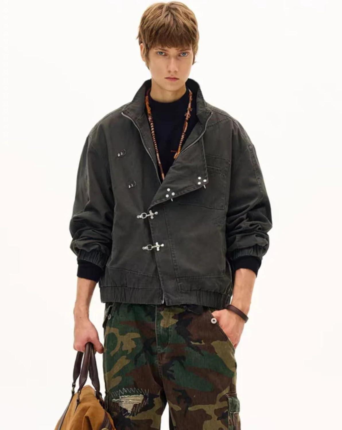 imageAelfric Eden Mens Jackets Metal Button Boxy Jacket Vintage Casual Collared Streetwear Slant Placket Soft Warm CoatsGrey