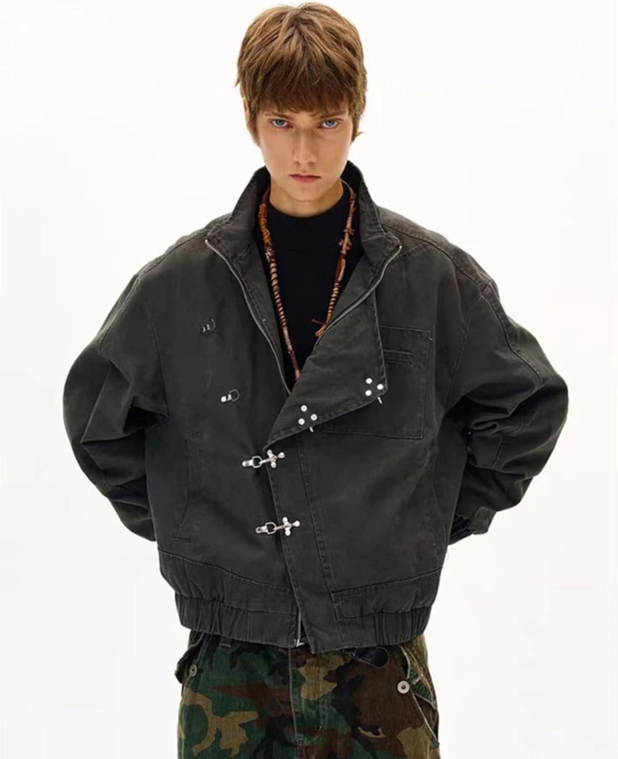 imageAelfric Eden Mens Jackets Metal Button Boxy Jacket Vintage Casual Collared Streetwear Slant Placket Soft Warm CoatsGrey