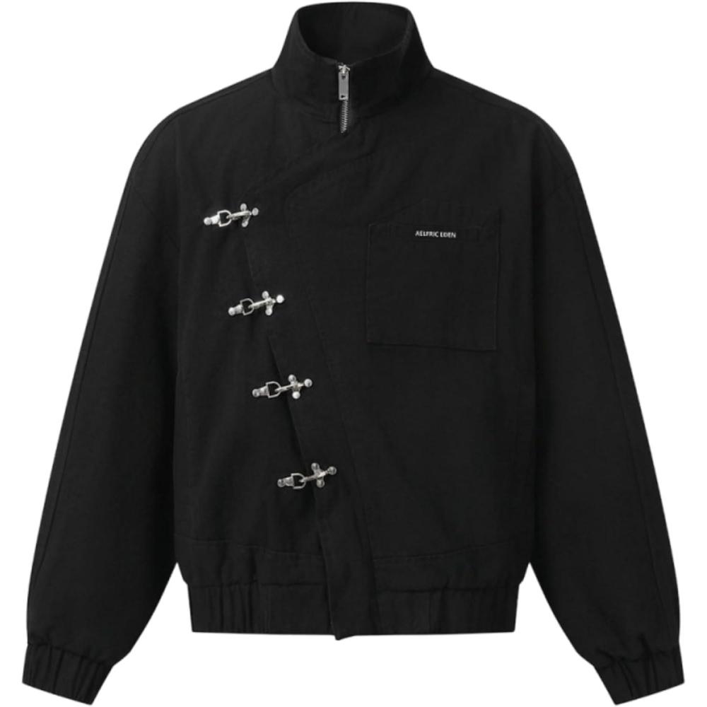 imageAelfric Eden Mens Jackets Metal Button Boxy Jacket Vintage Casual Collared Streetwear Slant Placket Soft Warm CoatsBlack