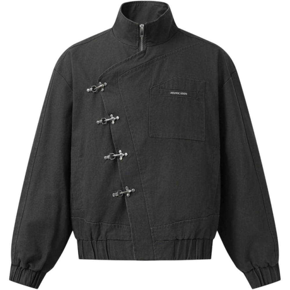 imageAelfric Eden Mens Jackets Metal Button Boxy Jacket Vintage Casual Collared Streetwear Slant Placket Soft Warm CoatsGrey