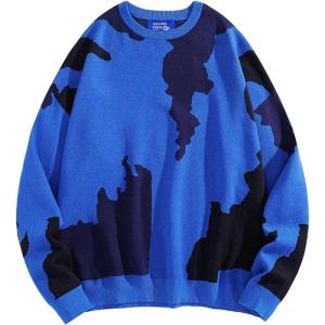 imageAelfric Eden Mens Sweater Camouflage Color Blocking Printed Casual Oversized Sweater PulloverBlue