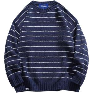 imageAelfric Eden Stripes Oversized Sweater Vintage Knitted Sweaters Long Sleeve Sweater Crewneck Casual Fall PulloverNave Blue