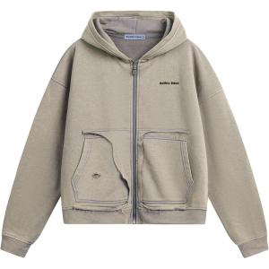 image:imageAelfric Eden Acid Wash Zip Up Hoodie Distressed Boxy Sweatshirt with Raw Edge Pockets Vintage Streetwear JacketGrey