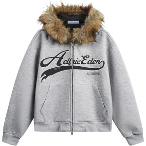 image:imageAelfric Eden Faux Fur Collar Boxy Zip Up Hoodie Y2K Couple Hooded Sweatshirt Retro Streetwear JacketGrey