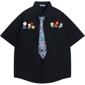 image:imageAelfric Eden Mens Button Down Shirts Handcrafted Floral Short Sleeve Shirt Graffiti Necktie Casual Shirts Summer Beach TopsBlack