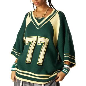 image:imageAelfric Eden Womens Number Graphic Knit Tops Oversized 34 Batwing Sleeve V Neck Streetwear Trendy TopsGreen