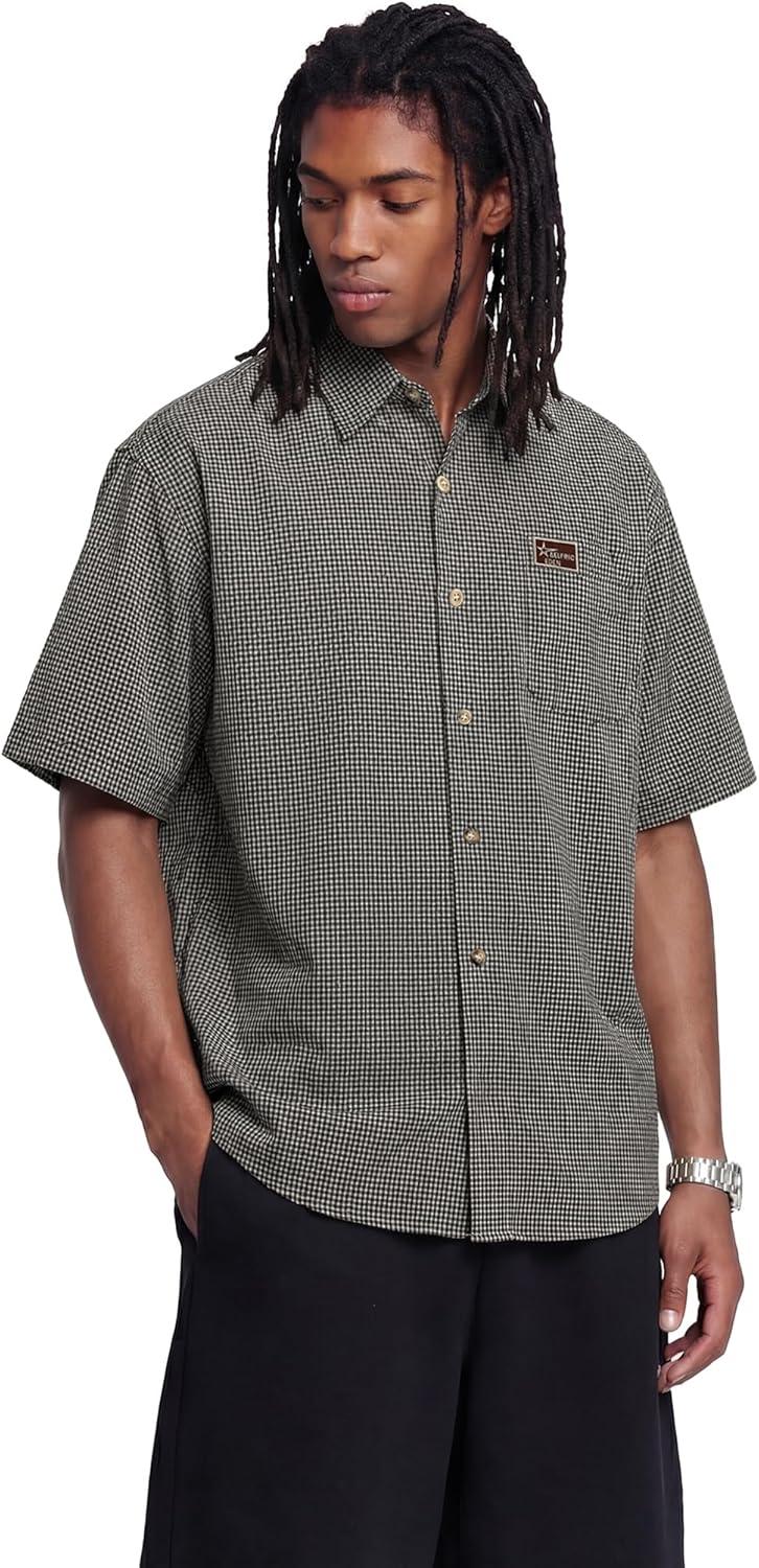 image:imageAelfric Eden Mens Button Down Plaid Shirts Short Sleeve Oversized Polo Tee Lightweight Vintage T Shirts UnisexBlack