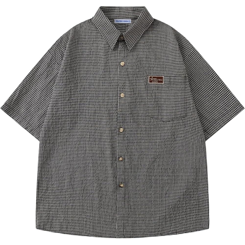 image:imageAelfric Eden Mens Button Down Plaid Shirts Short Sleeve Oversized Polo Tee Lightweight Vintage T Shirts UnisexBlack