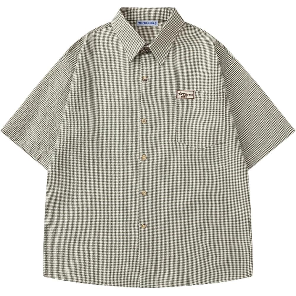 image:imageAelfric Eden Mens Button Down Plaid Shirts Short Sleeve Oversized Polo Tee Lightweight Vintage T Shirts UnisexBrwon