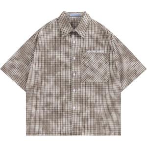 image:imageAelfric Eden Mens Cropped Boxy Button Down Plaid Shirts Washed Polo Tee Short Sleeve Casual Vintage T ShirtsBrown