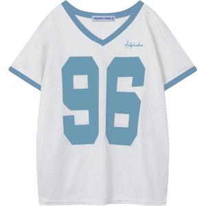 image:imageAelfric Eden Womens Jersey Tshirts Letter Printed Tees V Neck Mesh Short Sleeve Y2k Summer Casual Tops ClothesWhite Blue