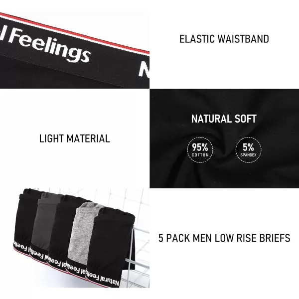 Natural Feelings Mens Underwear Briefs Mens Cotton Briefs for Men Pack with FlyF5 Pairs BlackGrey Mens Cotton Low Rise Briefs