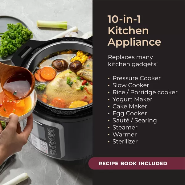 Mueller 6 Quart Pressure Cooker 10 in 1 Cook 2 Dishes at Once Tempered Glass Lid incl Sautenbsp Slow Cooker Rice Cooker Yogurt Maker and Much MoreSlate Gray