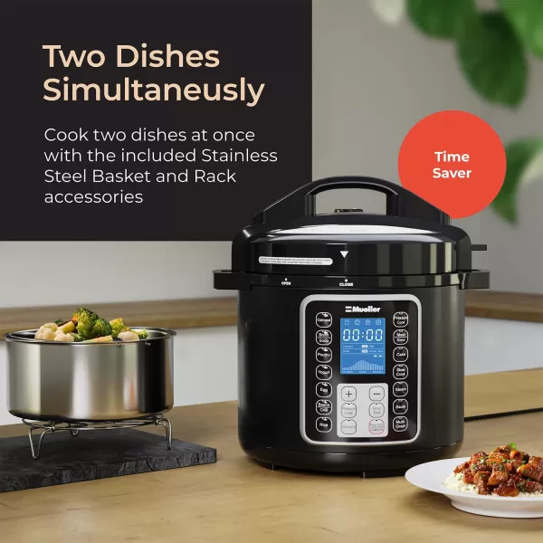 Mueller 6 Quart Pressure Cooker 10 in 1 Cook 2 Dishes at Once Tempered Glass Lid incl Sautenbsp Slow Cooker Rice Cooker Yogurt Maker and Much MoreSlate Gray