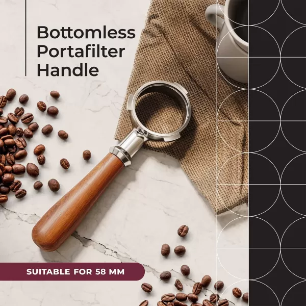 Mueller Bottomless Portafilter Handle Barista Tool Compatible with 58mm Espresso Machines Real Wood Handle 3 Ears on Stainless Steel HeadMueller Bottomless Portafilter Handle Barista Tool Compatible with 58mm Espresso Machines Real Wood Handle 3 Ears on Stainless Steel Head