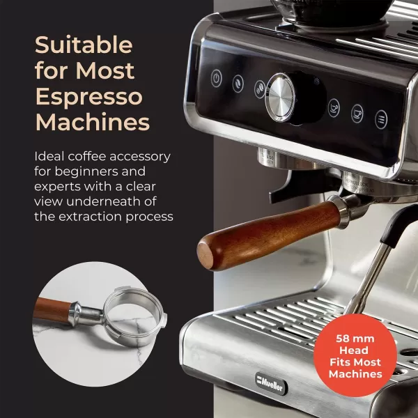 Mueller Bottomless Portafilter Handle Barista Tool Compatible with 58mm Espresso Machines Real Wood Handle 3 Ears on Stainless Steel HeadMueller Bottomless Portafilter Handle Barista Tool Compatible with 58mm Espresso Machines Real Wood Handle 3 Ears on Stainless Steel Head