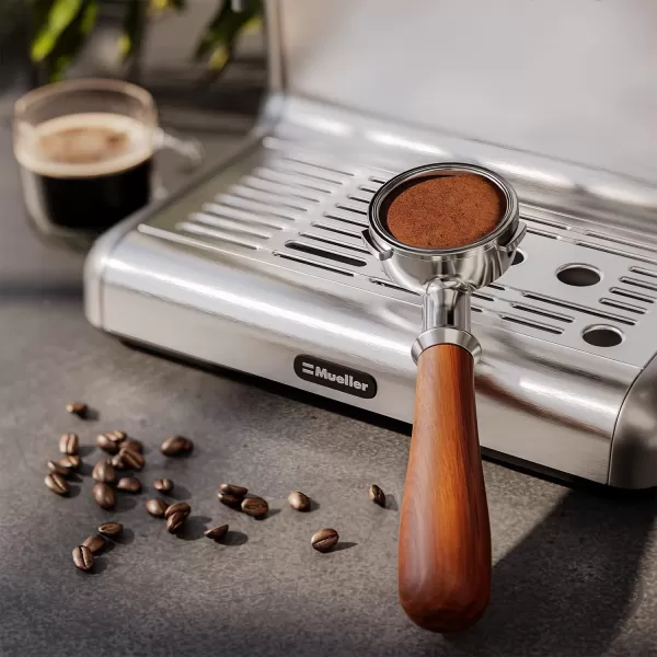 Mueller Bottomless Portafilter Handle Barista Tool Compatible with 58mm Espresso Machines Real Wood Handle 3 Ears on Stainless Steel HeadMueller Bottomless Portafilter Handle Barista Tool Compatible with 58mm Espresso Machines Real Wood Handle 3 Ears on Stainless Steel Head